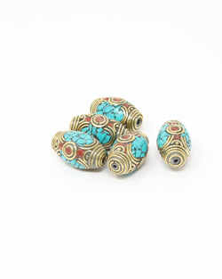 Tibetan Barrel Brass Coral Turquoise Inlaid Decorative Beads -  N102