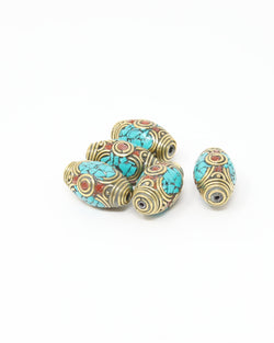 Tibetan Barrel Brass Coral Turquoise Inlaid Decorative Beads -  N102