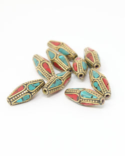 Long Bicone Tibetan Beads with Coral Turquoise Inlaid - N101