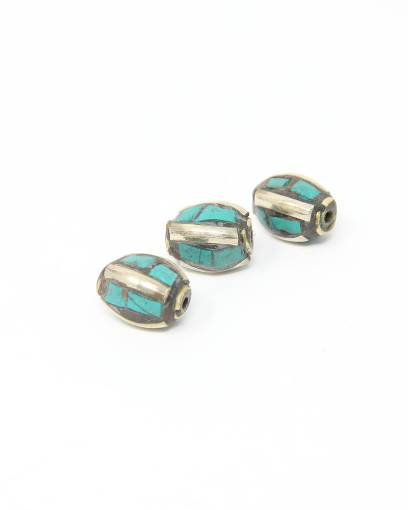 Brass Case Turquoise Inlaid Tibetan Barrel Shape Beads - Z106