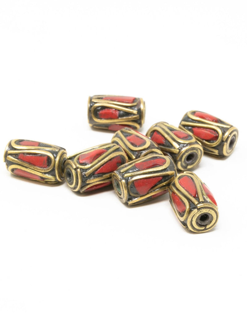 5 Tribal Beads with Turquoise Coral Inlay for Jewellery Making - C8