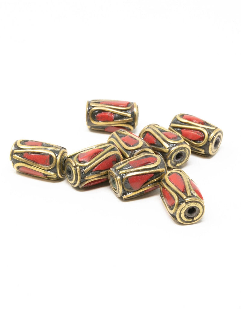 5 Tribal Beads with Turquoise Coral Inlay for Jewellery Making - C8