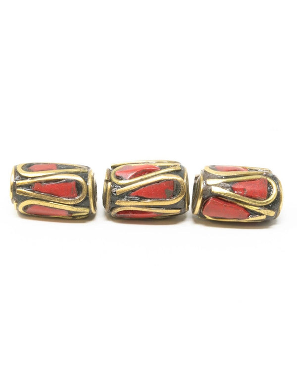 5 Tribal Beads with Turquoise Coral Inlay for Jewellery Making - C8