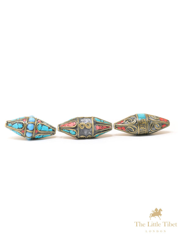 Turquoise Inlaid Coral Resin Brass Bicone Beads - E13