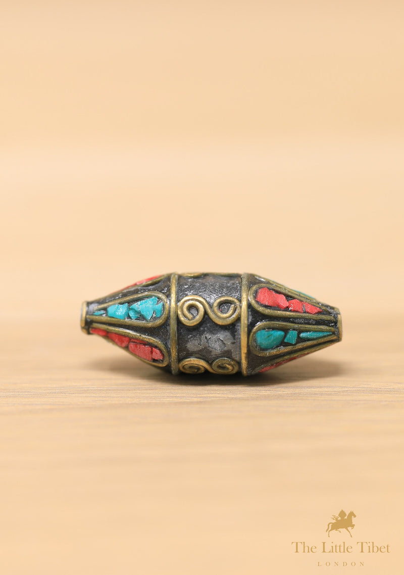 Turquoise Inlaid Coral Resin Brass Bicone Beads - E13