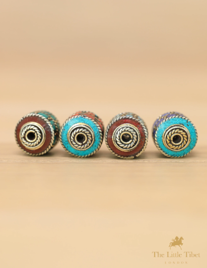 Handmade Turquoise Inlaid Barrel Brass  Beads for Jewellery Making - E5