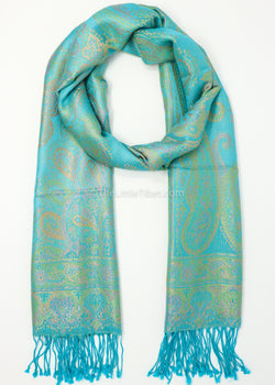 Viridian and aqua forest green, Turquoise colour vibrant pure silk pashmina -MCL 314 TEAL B - The Little Tibet