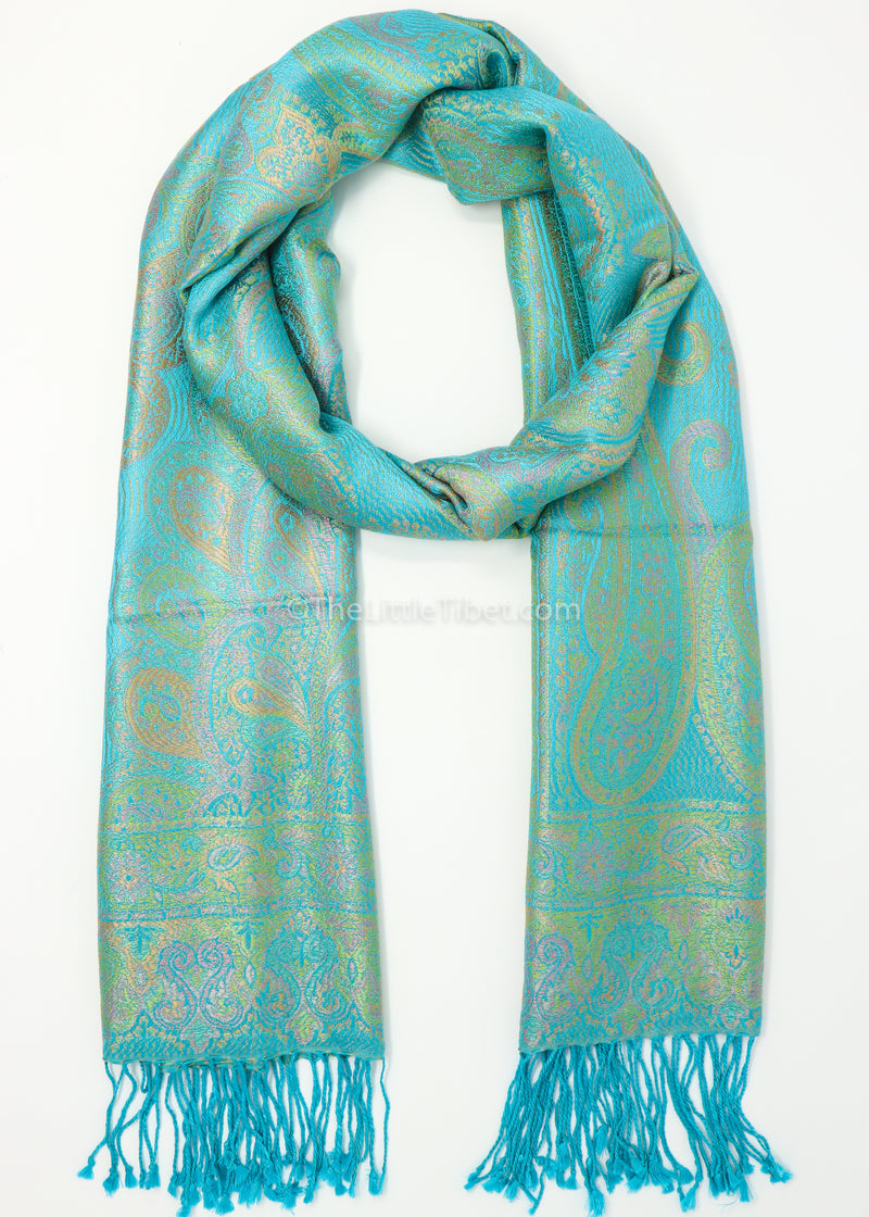 Viridian and aqua forest green, Turquoise colour vibrant pure silk pashmina -MCL 314 TEAL B - The Little Tibet
