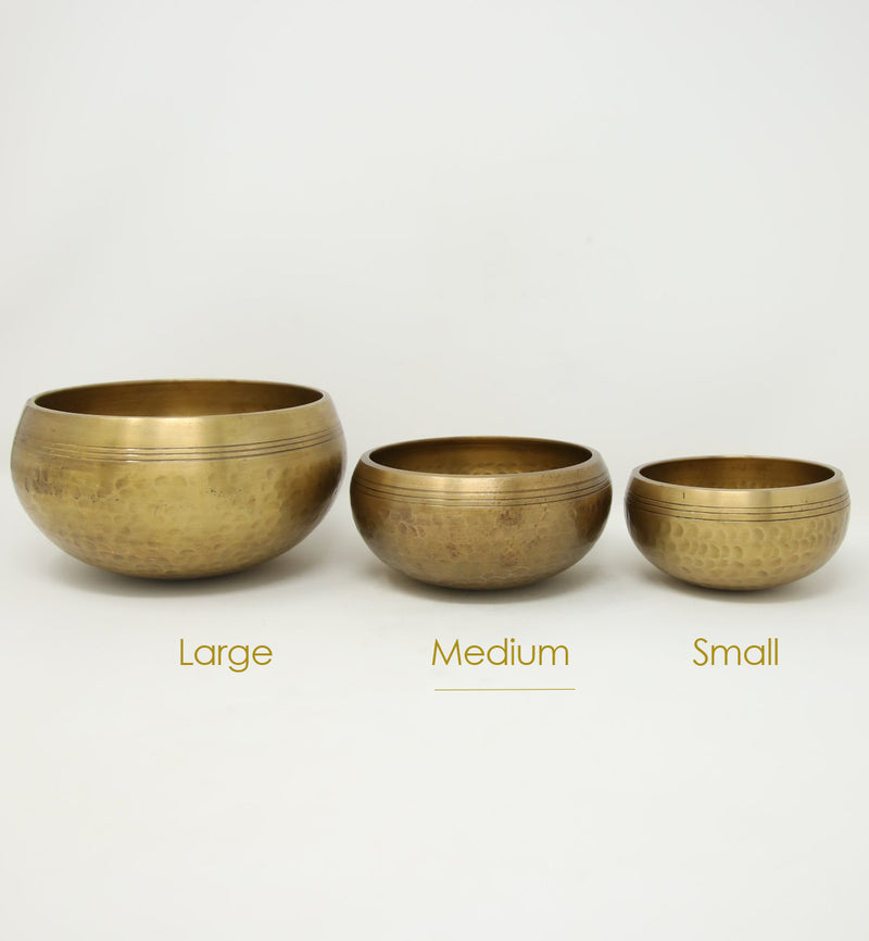 three sizes of the Tibetan Singing Bowl, small, medium, large, Medium size Brass-made Tibetan Singing Bowl-Meditation bowl-Sound Bowl