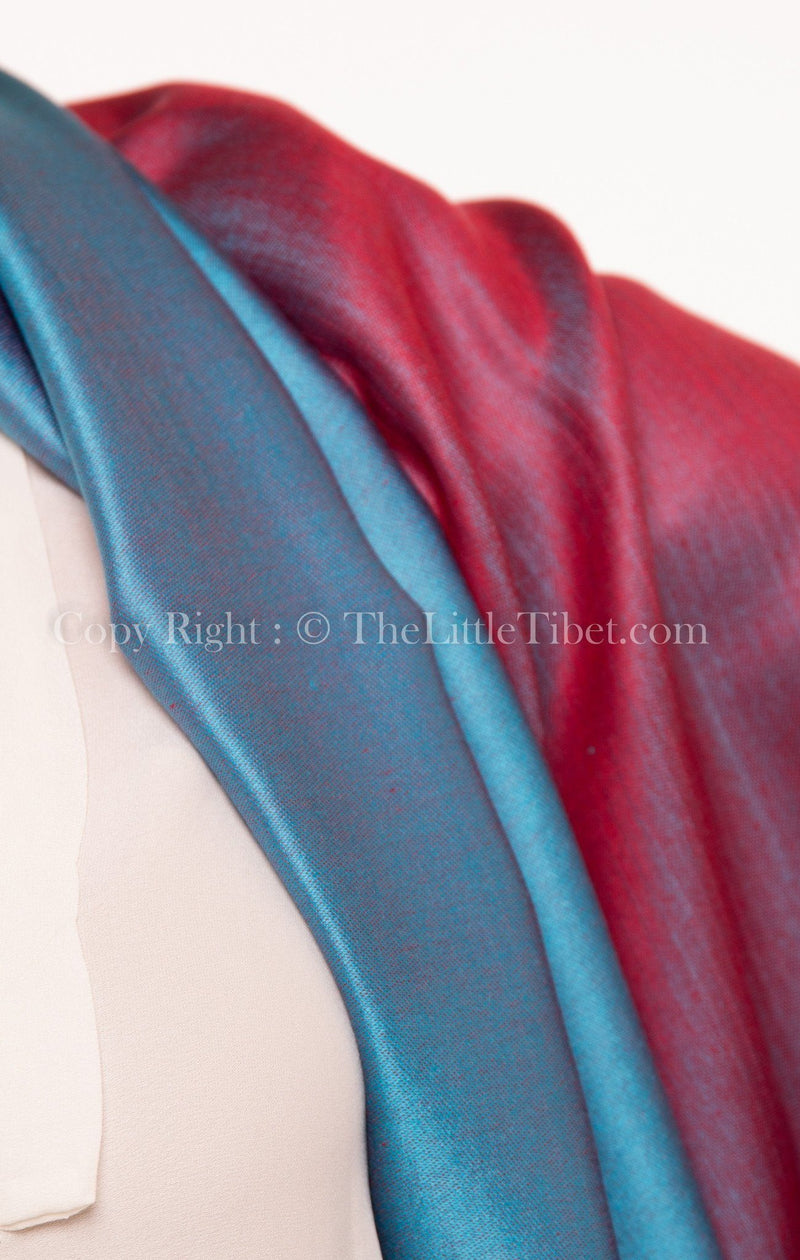 Luxury 100% pure burgundy teal  blue  reversible pashmina close up