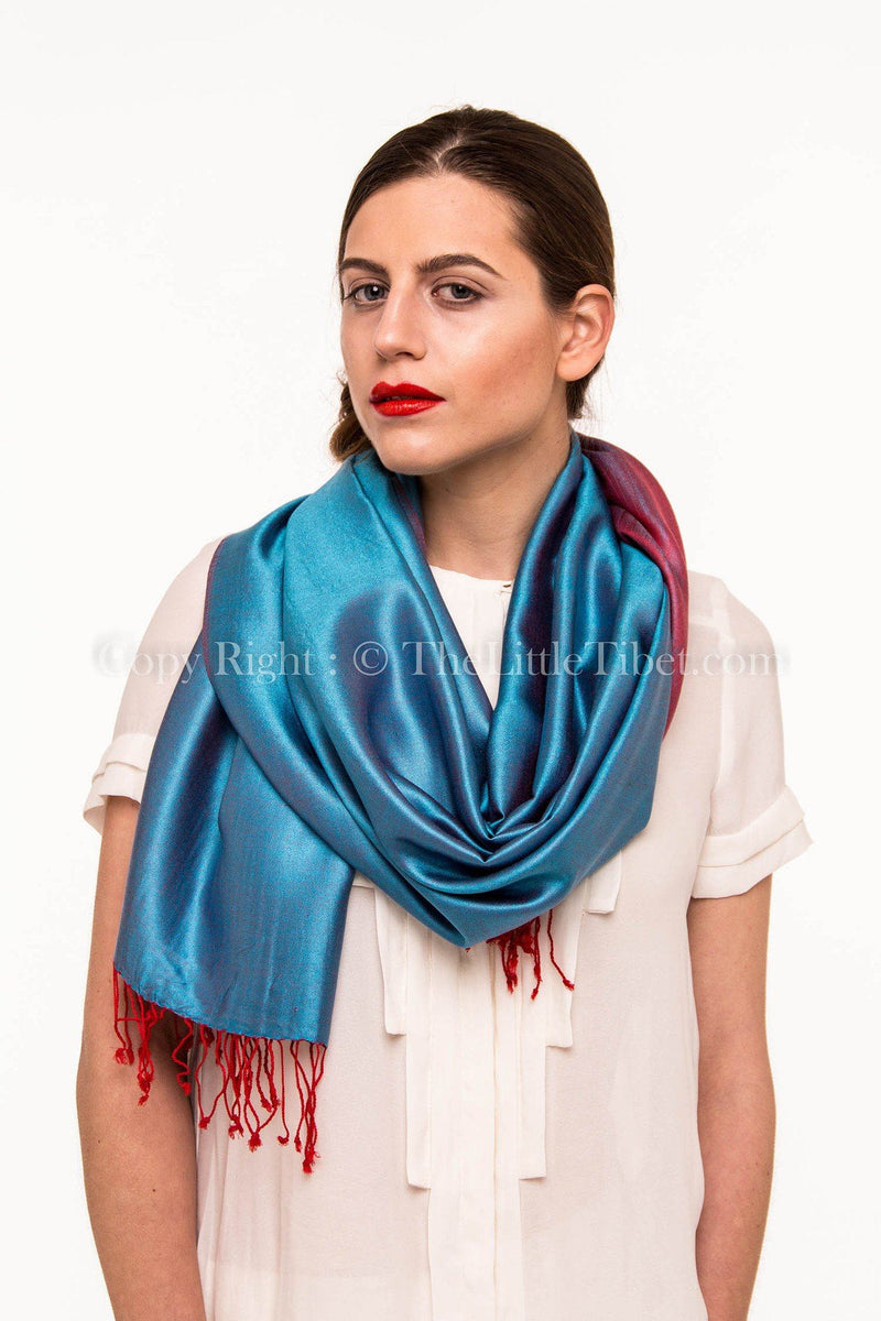 Luxury 100% pure burgundy teal  blue  reversible pashmina with tassels