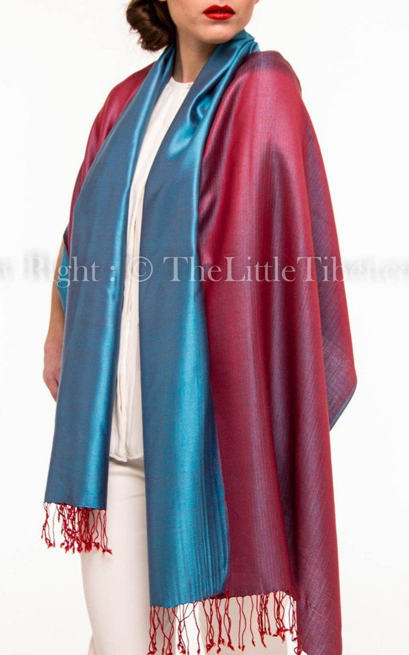 Luxury 100% pure burgundy teal  blue  reversible pashmina draped around shoulders