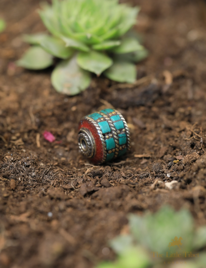 Handmade Turquoise Inlaid Barrel Brass  Beads for Jewellery Making - E5