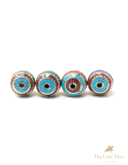 Coral Resin Turquoise Inlaid Brass Tibetan Barrel Beads - E4