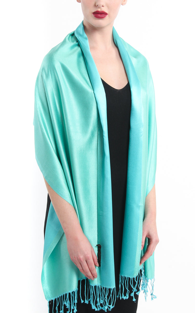 Luxury 100% pure light green aqua blue  reversible pashmina draped around shoulders