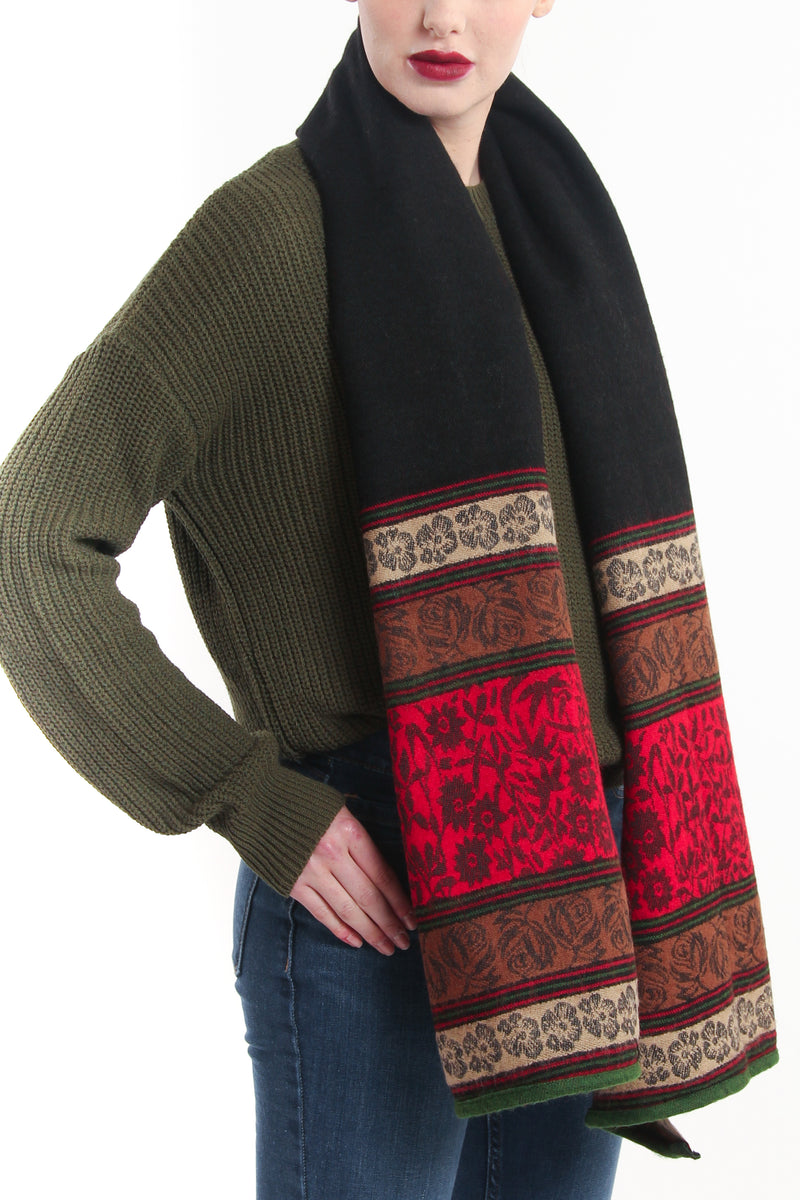Reversible red green modernistic design with borders tibet shawl chunky knit styled as chunky knit