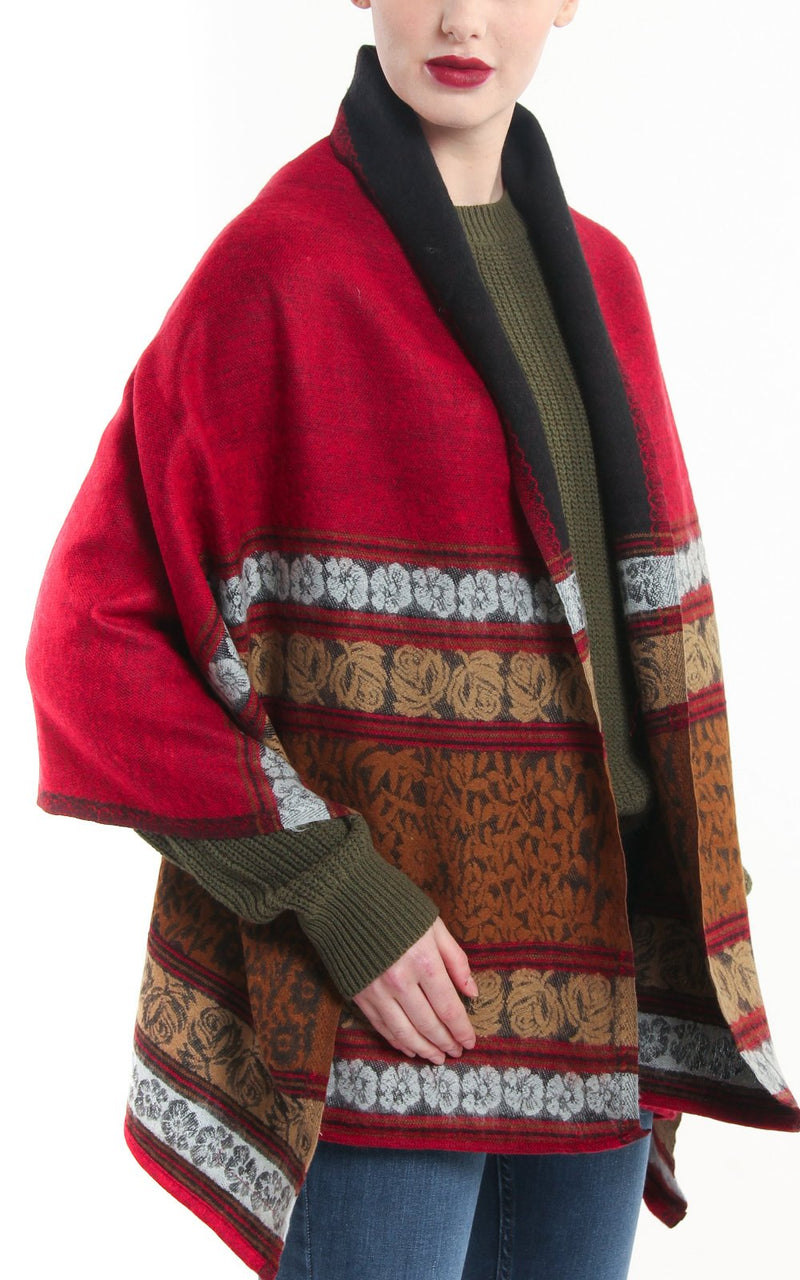 Reversible rose red green floral patterned with borders tibet shawl draped around shoulders blanket scarf
