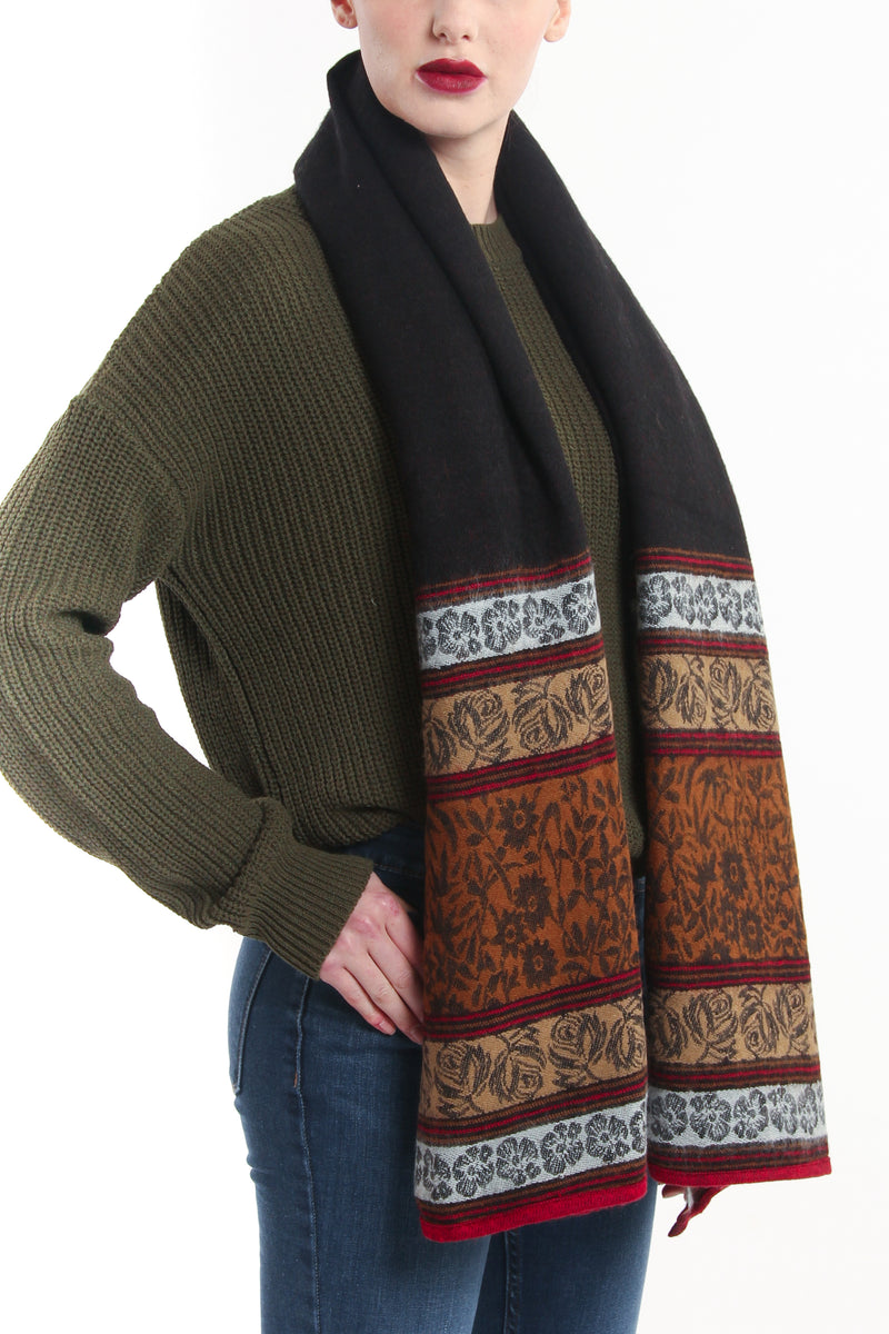 Reversible red green floral patterned with borders tibet shawl styled as chunky knit blanket scarf
