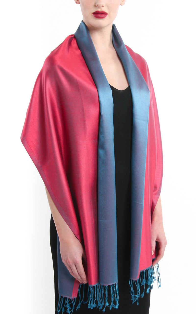 Luxury 100% pure silk cool red blue reversible pashmina silk scarf draped around shoulders