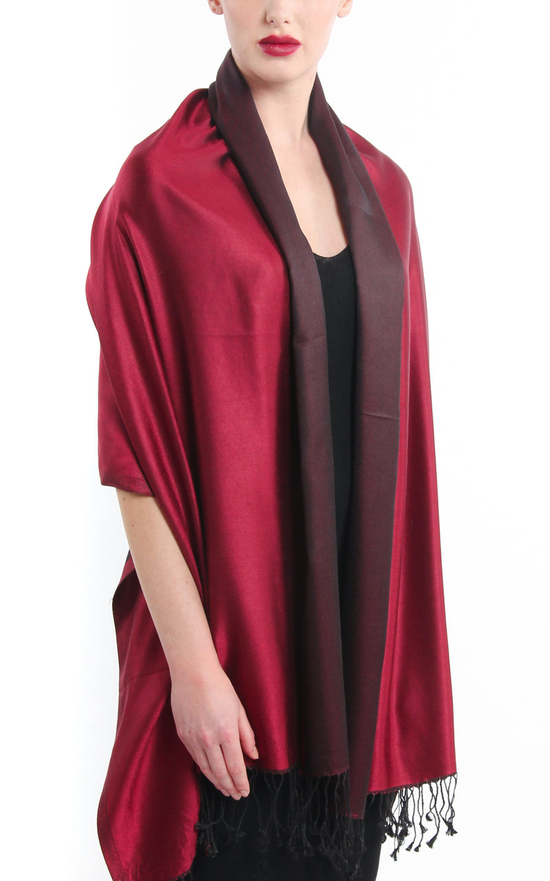 Luxury 100% pure silk red burgundy reversible silk pashmina shawl draped around shoulders