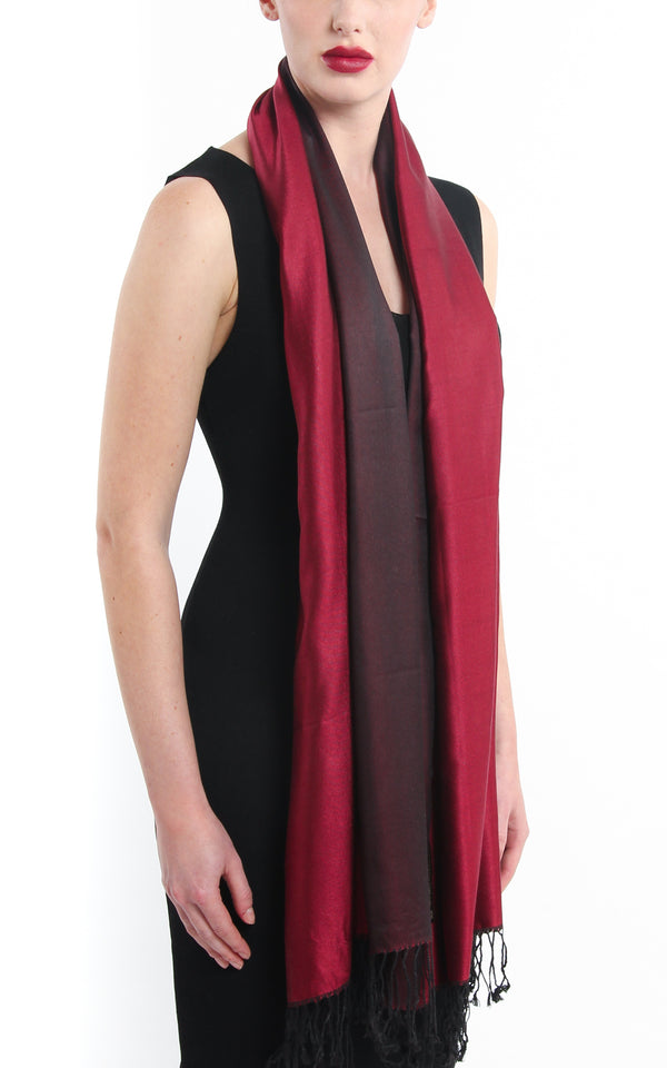 Luxury 100% pure silk red burgundy reversible silk pashmina shawl with tassels