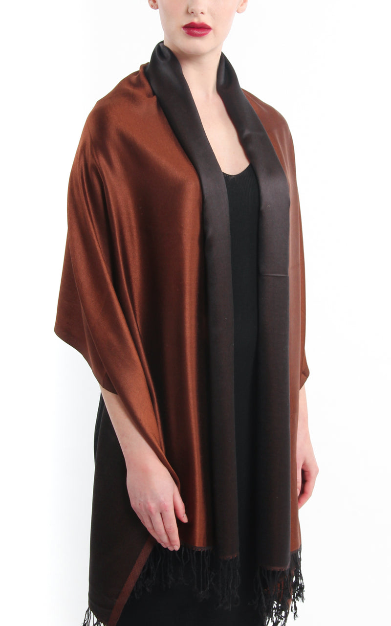 Luxury 100% pure  rich brown black  reversible pashmina shawl draped around shoulders