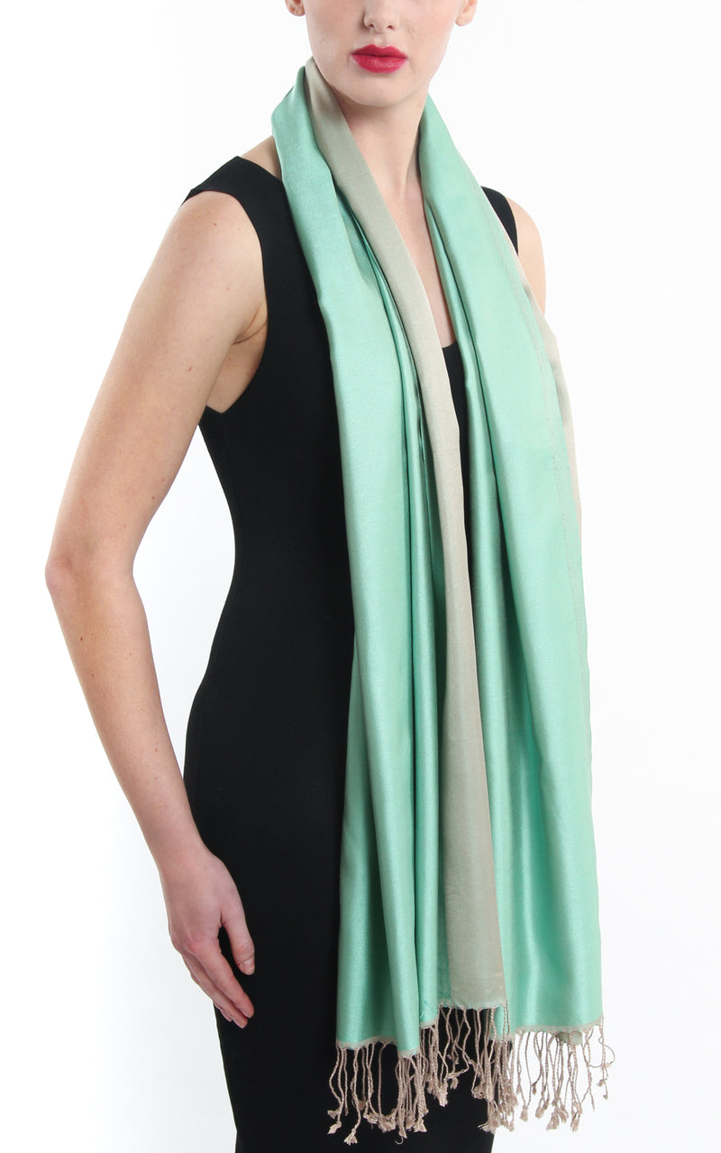 100% pure  Silk mint green cream  reversible pashmina draped around neck