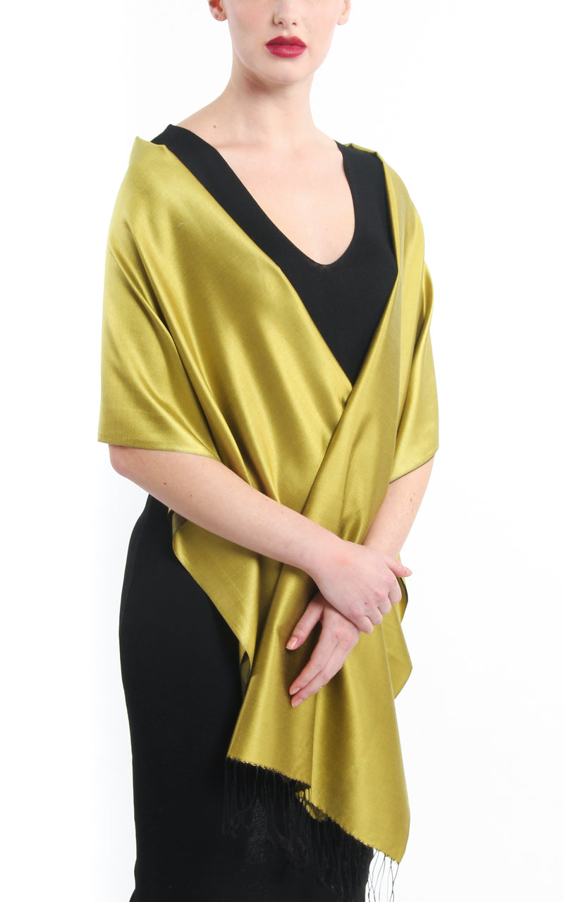 Luxury 100% pure silk bright gold  reversible silk pashmina wrap draped around shoulders