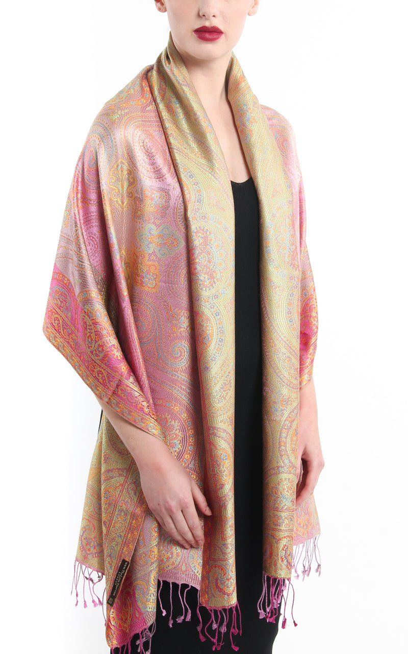 Pale Pastel Pink Paisley patterned pure silk pashmina with beautiful gold accents and tassels
