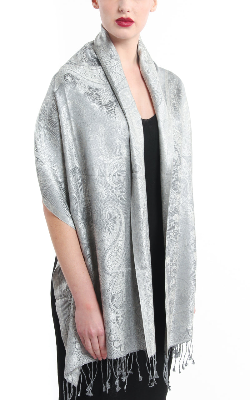 Reflective Silver lavish light catching pure silk scarf pashmina with tassels around the shoulders
