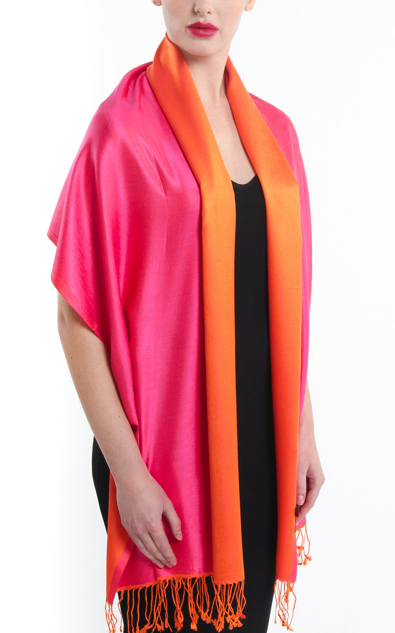 Luxury 100% pure silk fuschia bright orange  reversible pink silk scarf draped around shoulders
