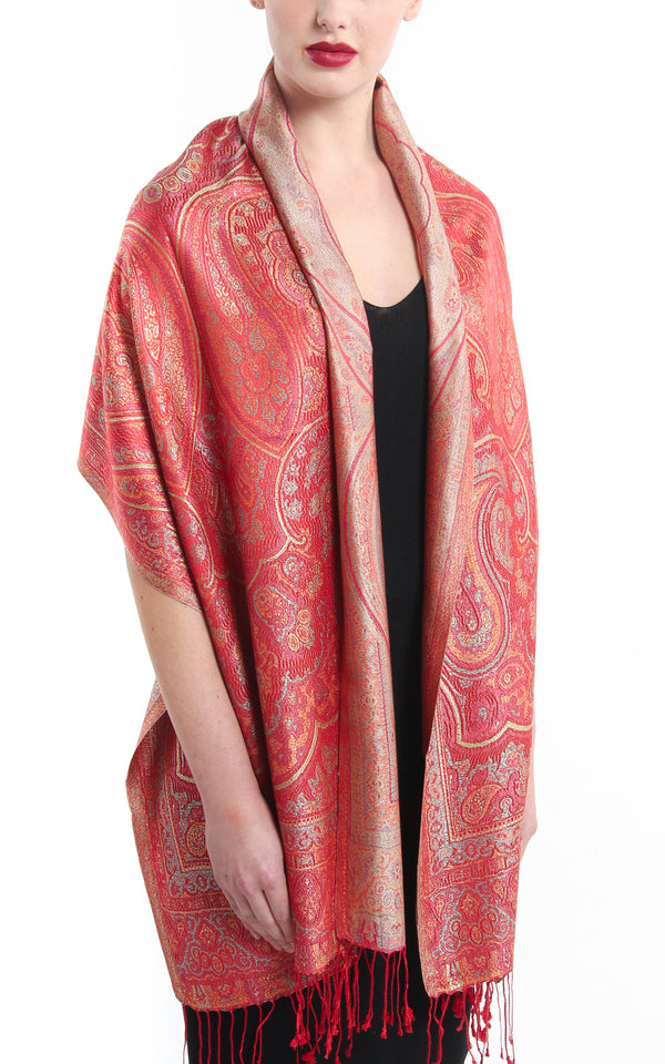 Luxurious cherry red reversible  Pure Silk Pashmina with Paisley pattern hanging around the neck 