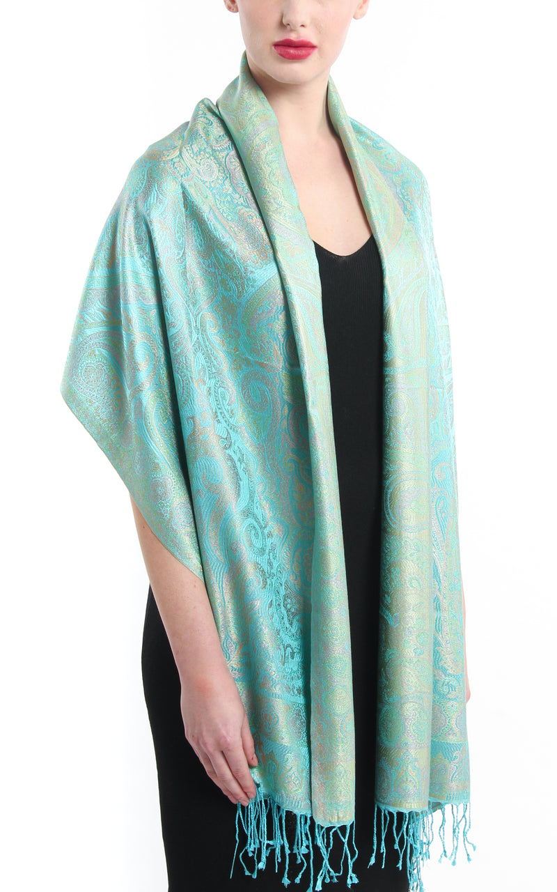 turquoise reversible pure silk scarf paisley scarf draped over shoulder