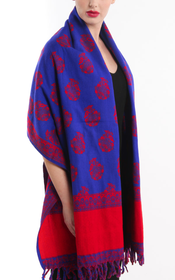 Bright violet blue and rose red blanket with tassels scarf reversible tibet shawl 