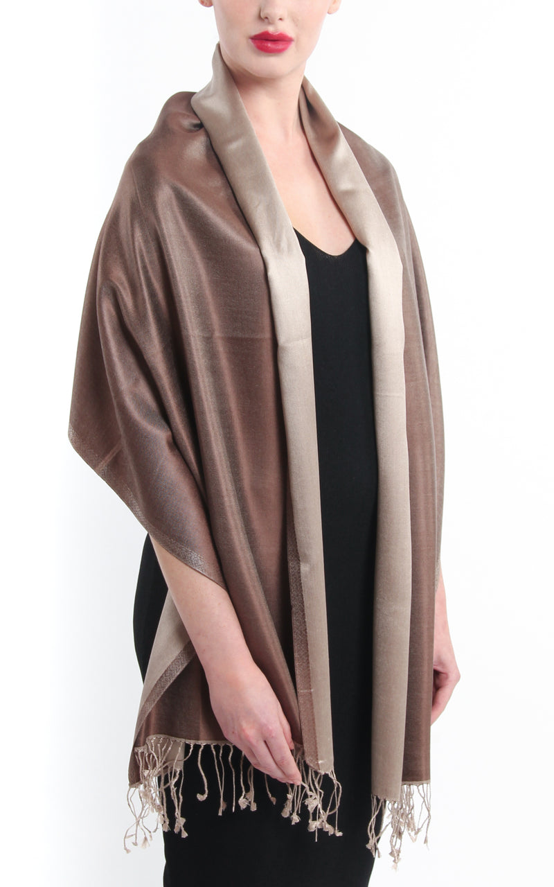 100% pure silk neutral brown cream  reversible pashmina silk scarf with tassels 