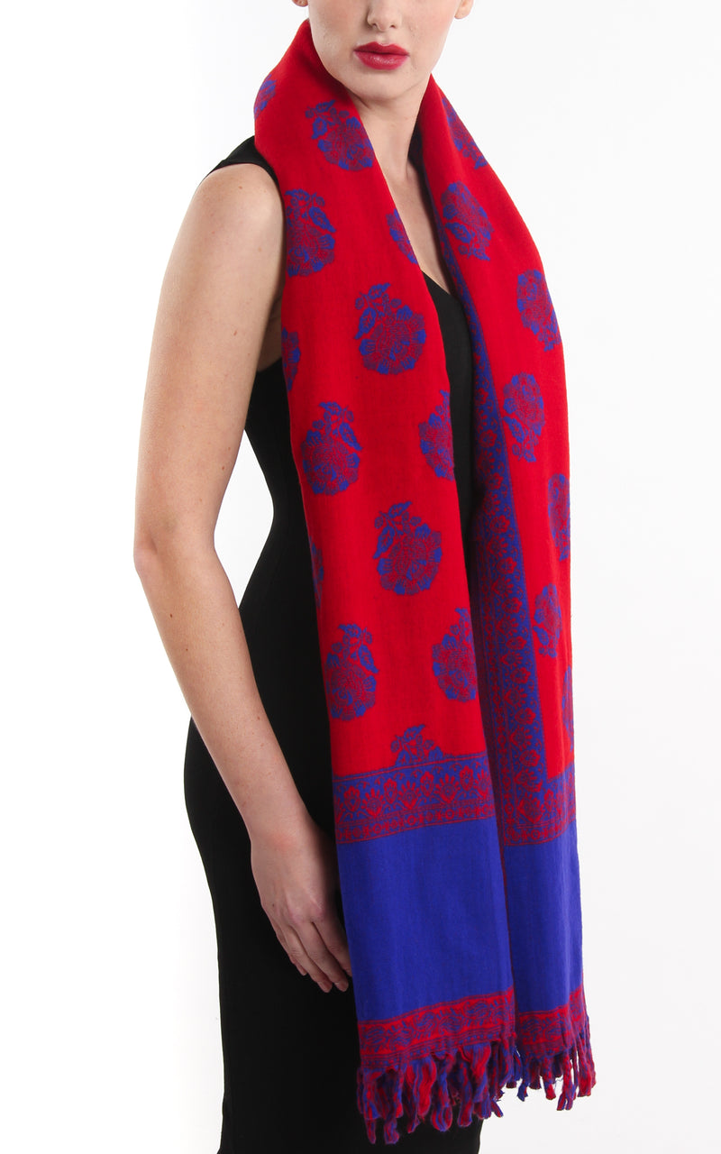 Bright violet blue and rose red blanket with tassels scarf reversible styled as chunky knit