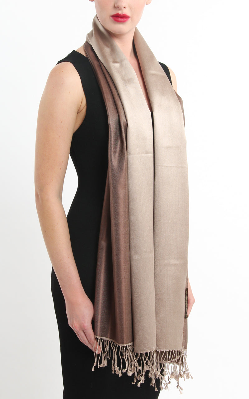 100% pure silk neutral brown cream  reversible pashmina silk scarf draped around neck