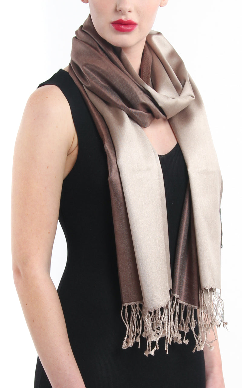 100% pure silk neutral brown cream  reversible pashmina silk scarf with tassels close up