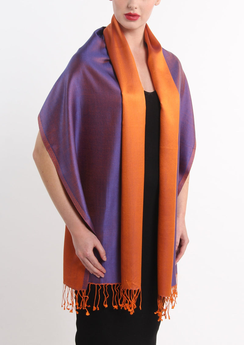 model wearing reversible orange purple silk scarf worn as a kimono 100% pure silk