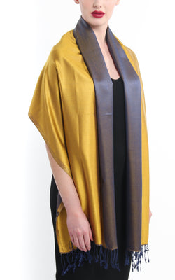 Luxury 100% pure silk regal gold navy blue reversible silk scarf pashmina draped around shoulders