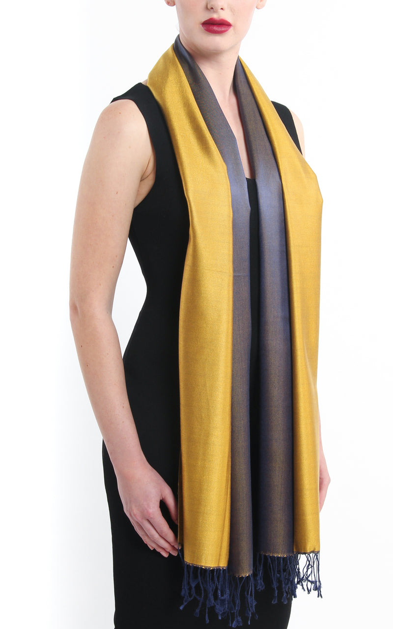 Luxury 100% pure silk regal gold navy blue reversible silk scarf pashmina with tassels