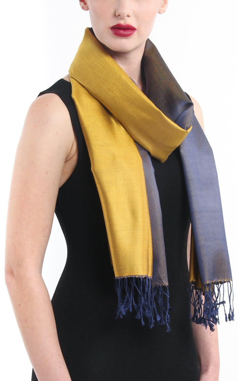 Luxury 100% pure silk regal gold navy blue reversible silk scarf pashmina free uk shipping