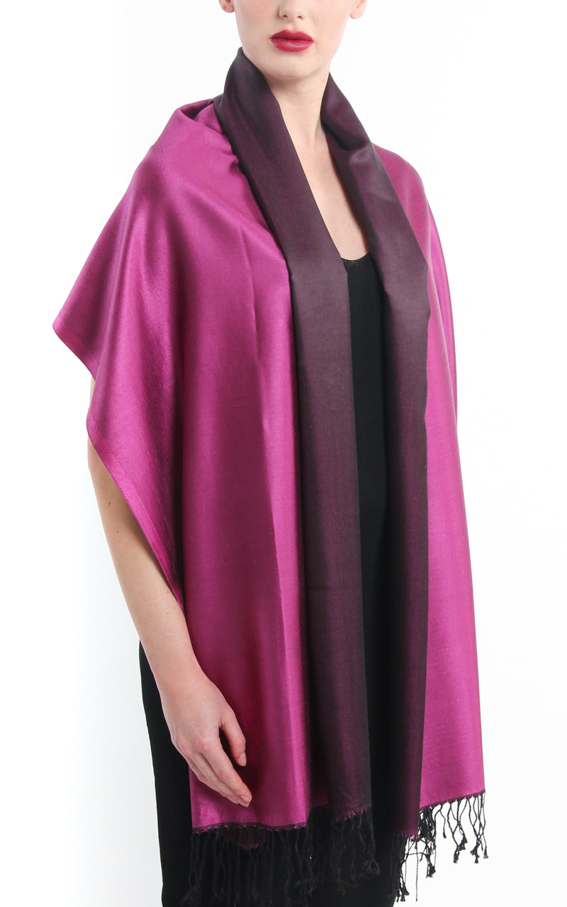 Luxury 100% pure silk magenta black reversible pashmina draped around shoulders