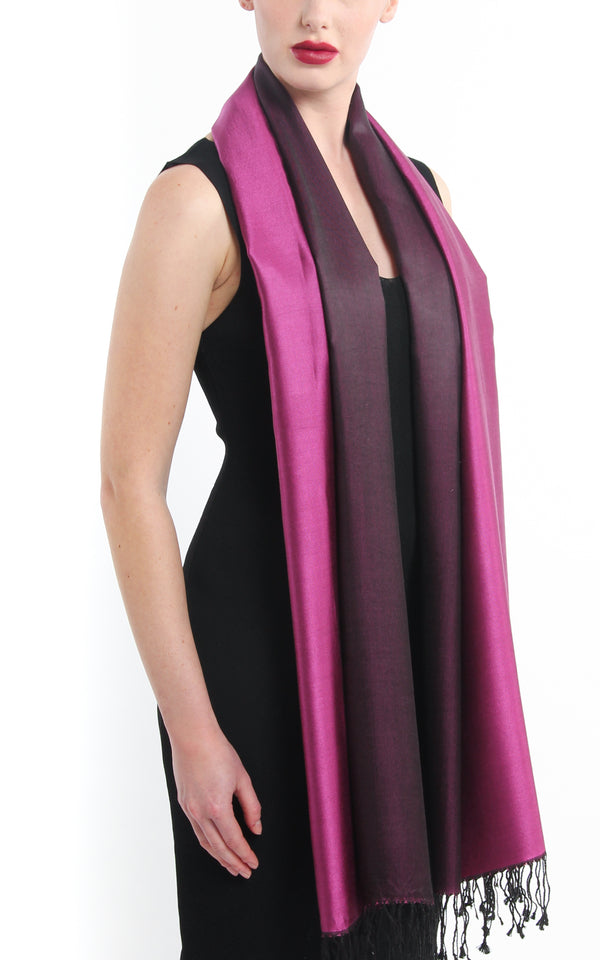 Luxury 100% pure silk magenta black reversible pashmina free uk shipping