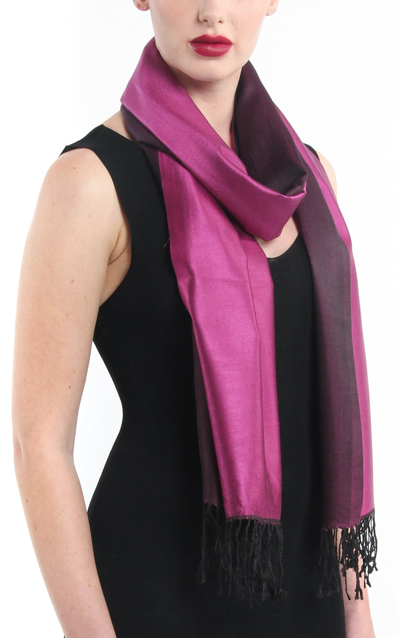 Luxury 100% pure silk magenta black reversible pashmina with tassels