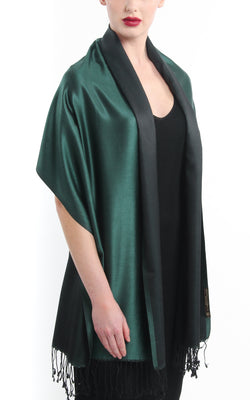 Luxury 100% pure silk forest green reversible silk scarf pashmina draped around shoulders