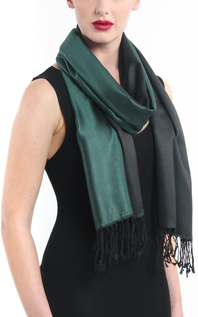 Luxury 100% pure silk forest green reversible silk scarf pashmina with tassels