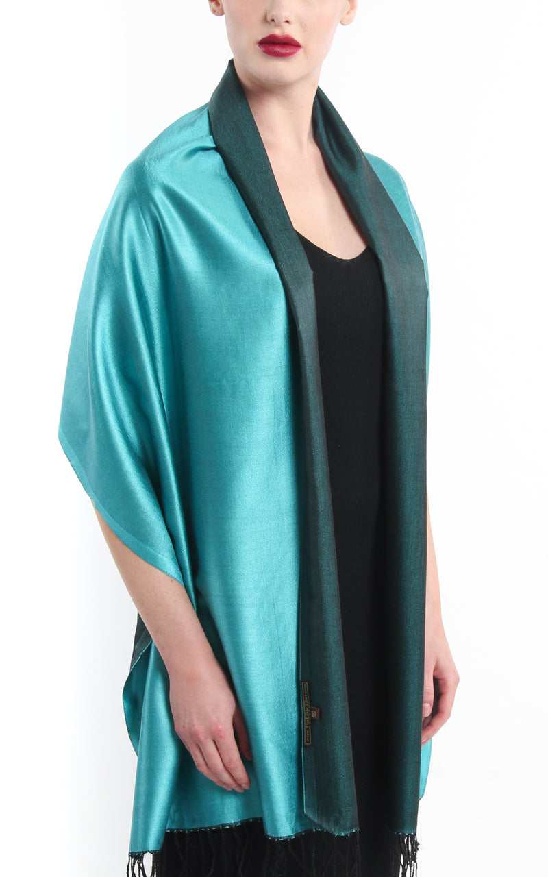 Luxury 100% pure silk forest green turquoise reversible pashmina draped around shoulders