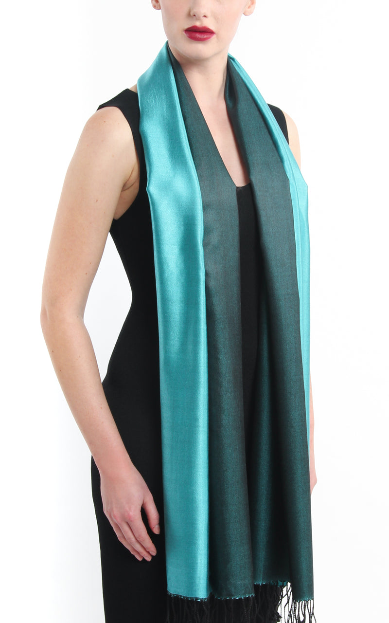 Luxury 100% pure silk forest green turquoise reversible pashmina free uk shipping