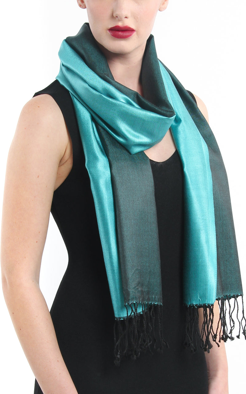 Luxury 100% pure silk forest green turquoise reversible pashmina with tassels